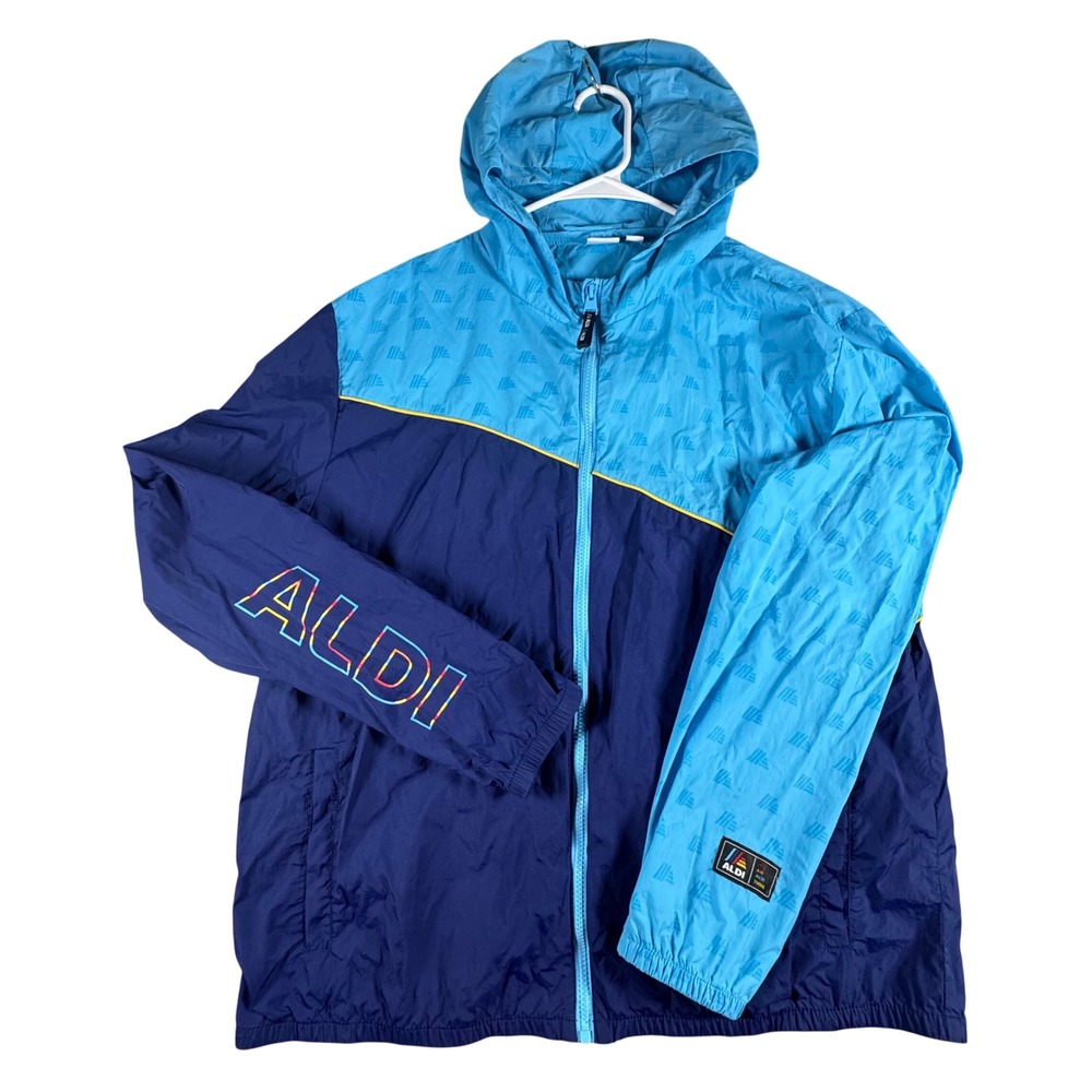 Aldi Gear Windbreaker Jacket Mens Large Blue Colorblock Logo Retro Windcheater